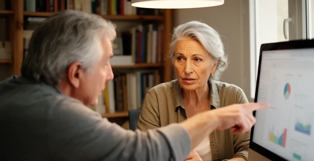 Couple senior discutant des erreurs de relevé de carrière devant un écran d'ordinateur