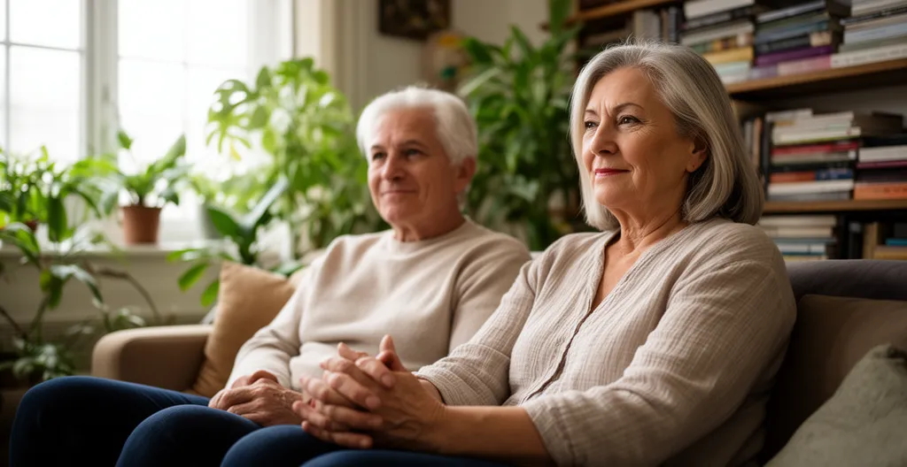 Couple de retraités français discutant sereinement dans leur salon lumineux