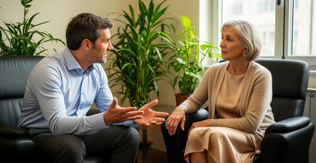 Consultant retraite expliquant un dossier à une cliente dans un bureau chaleureux