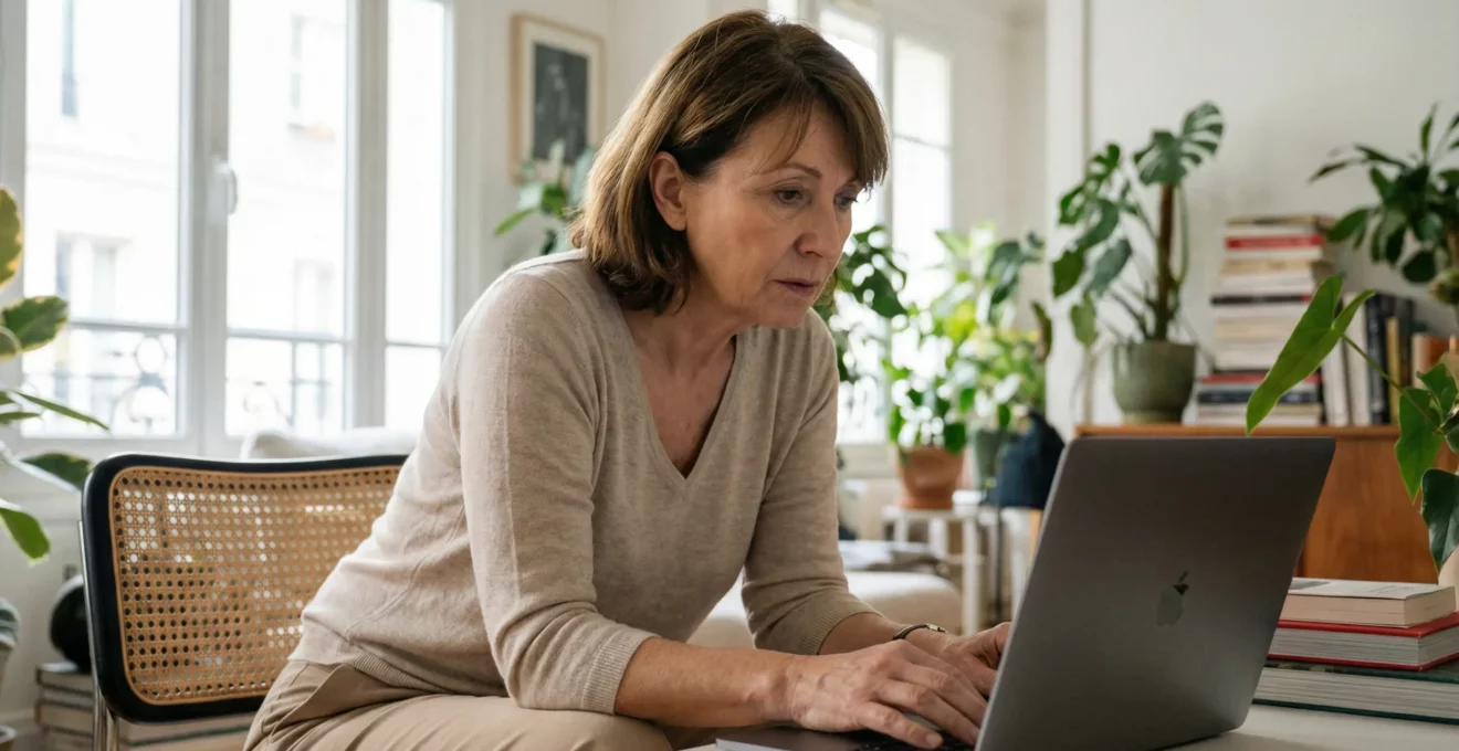 Femme 55-60 ans consultant son relevé de carrière retraite sur ordinateur dans son salon