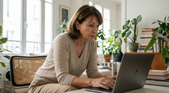 Femme 55-60 ans consultant son relevé de carrière retraite sur ordinateur dans son salon