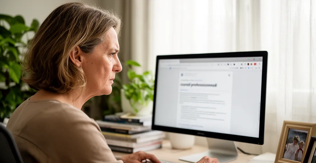 Femme senior consultant son relevé de carrière sur ordinateur avec expression concentrée