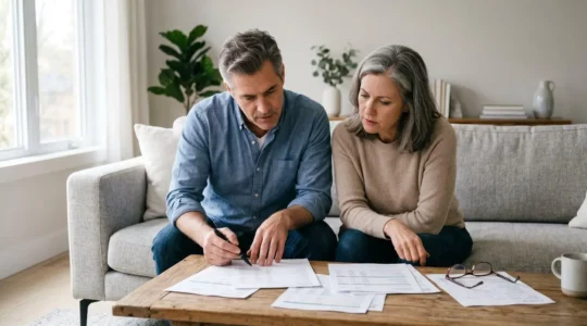 Couple de cinquantenaires analysant des relevés d'assurance vie dans un salon contemporain avec lumière naturelle