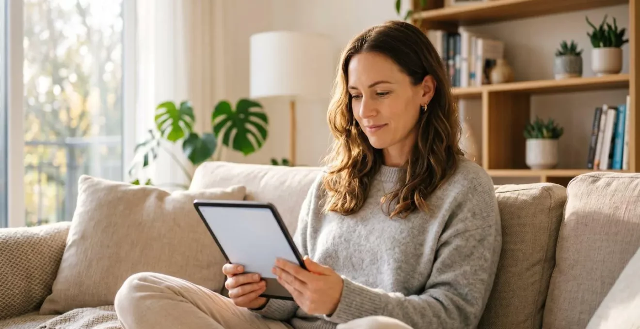 Femme de 35 ans vérifiant ses documents financiers sur une tablette dans un salon épuré
