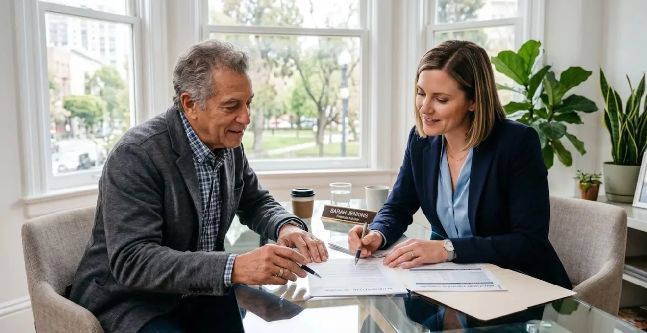 Homme de 60 ans en discussion avec une conseillère financière dans un bureau lumineux