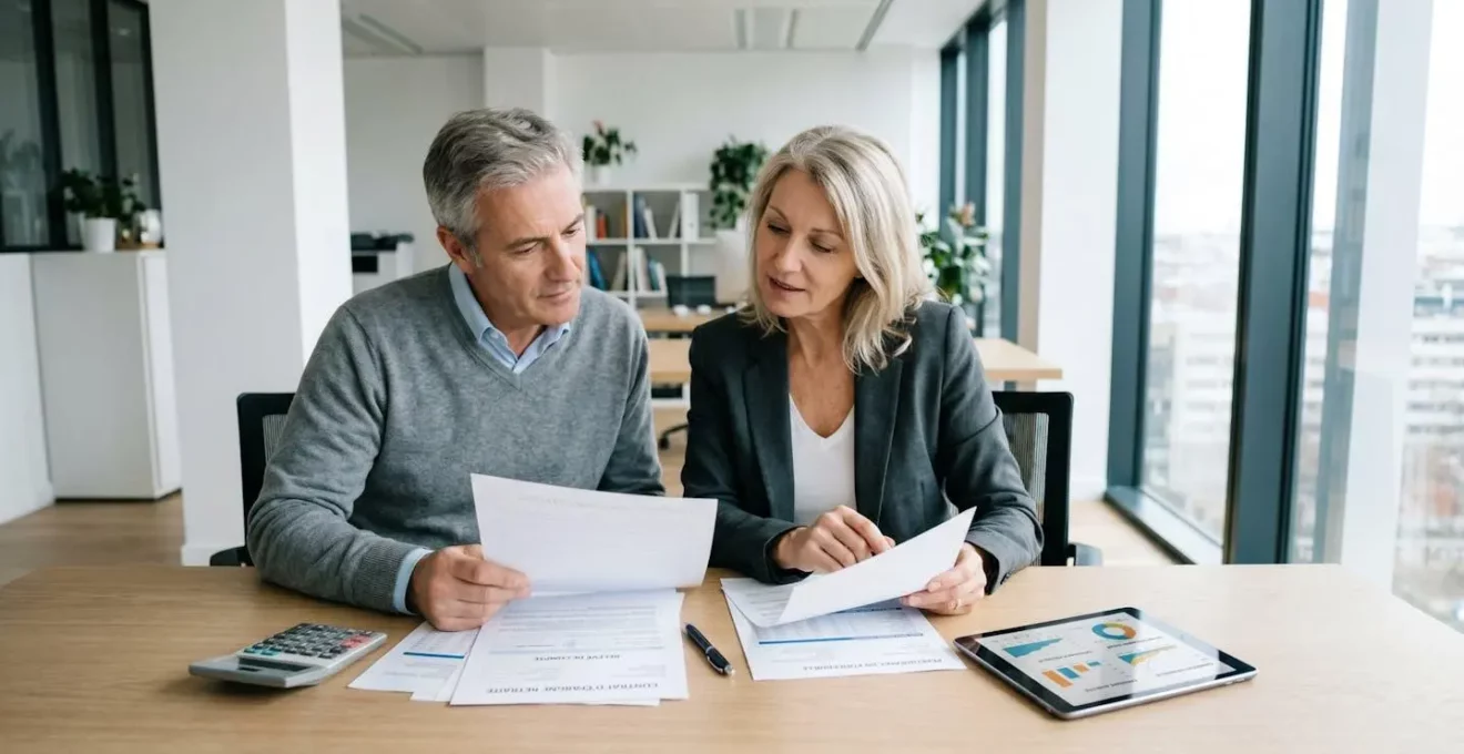 Couple d'âge mûr consultant des documents d'épargne et graphiques financiers sur une tablette dans un bureau lumineux contemporain