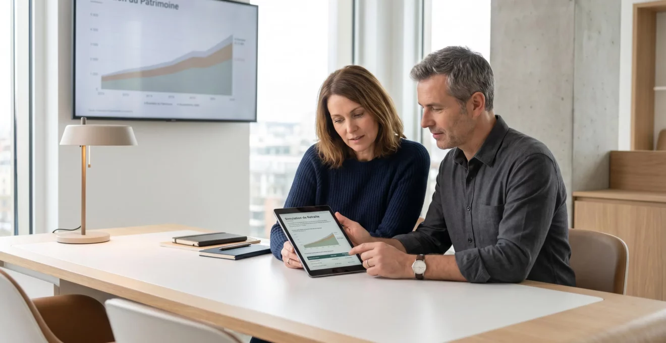 Couple de quadragénaires consultant une simulation de retraite sur tablette numérique dans un bureau de conseiller financier moderne et lumineux