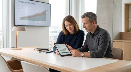 Couple de quadragénaires consultant une simulation de retraite sur tablette numérique dans un bureau de conseiller financier moderne et lumineux
