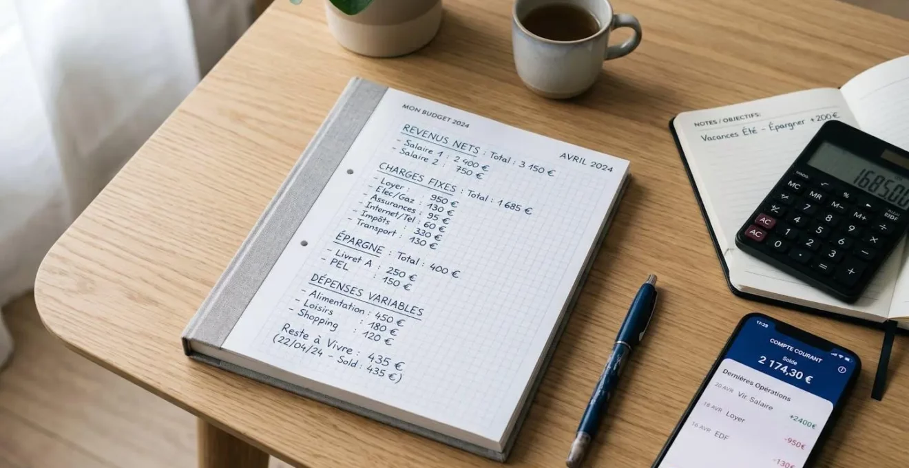 Feuille de calcul budgétaire manuscrite en français avec calculatrice et smartphone affichant une application bancaire sur bureau blanc