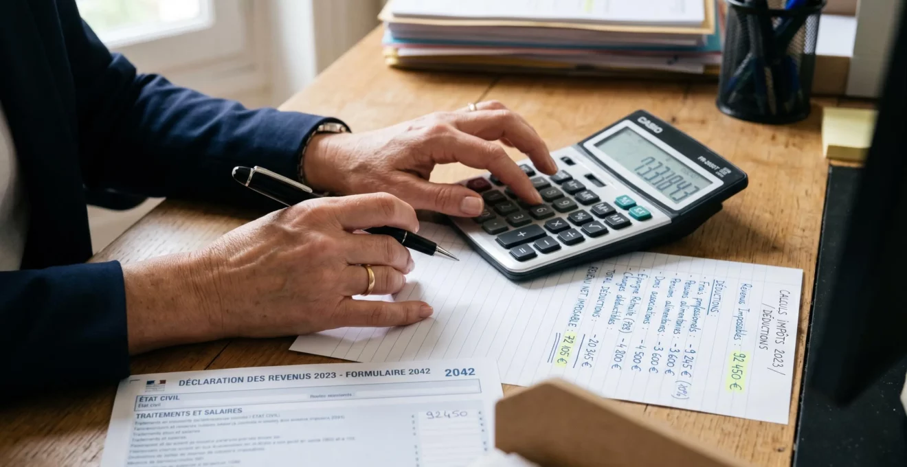 Gros plan sur des mains manipulant une calculatrice à côté d'une déclaration fiscale française annotée et d'une feuille de calcul de déductions