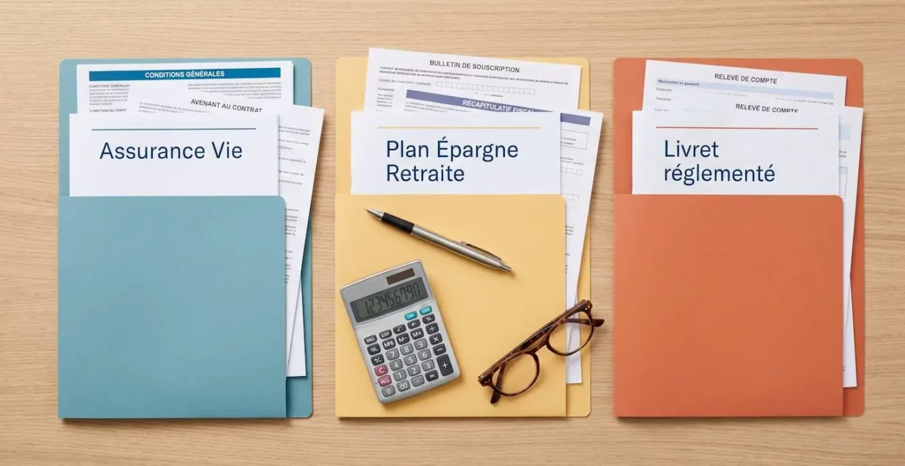 Vue de dessus d'un bureau avec trois dossiers de contrats d'épargne distincts (Assurance Vie, PER, Livret) accompagnés de documents et calculatrice