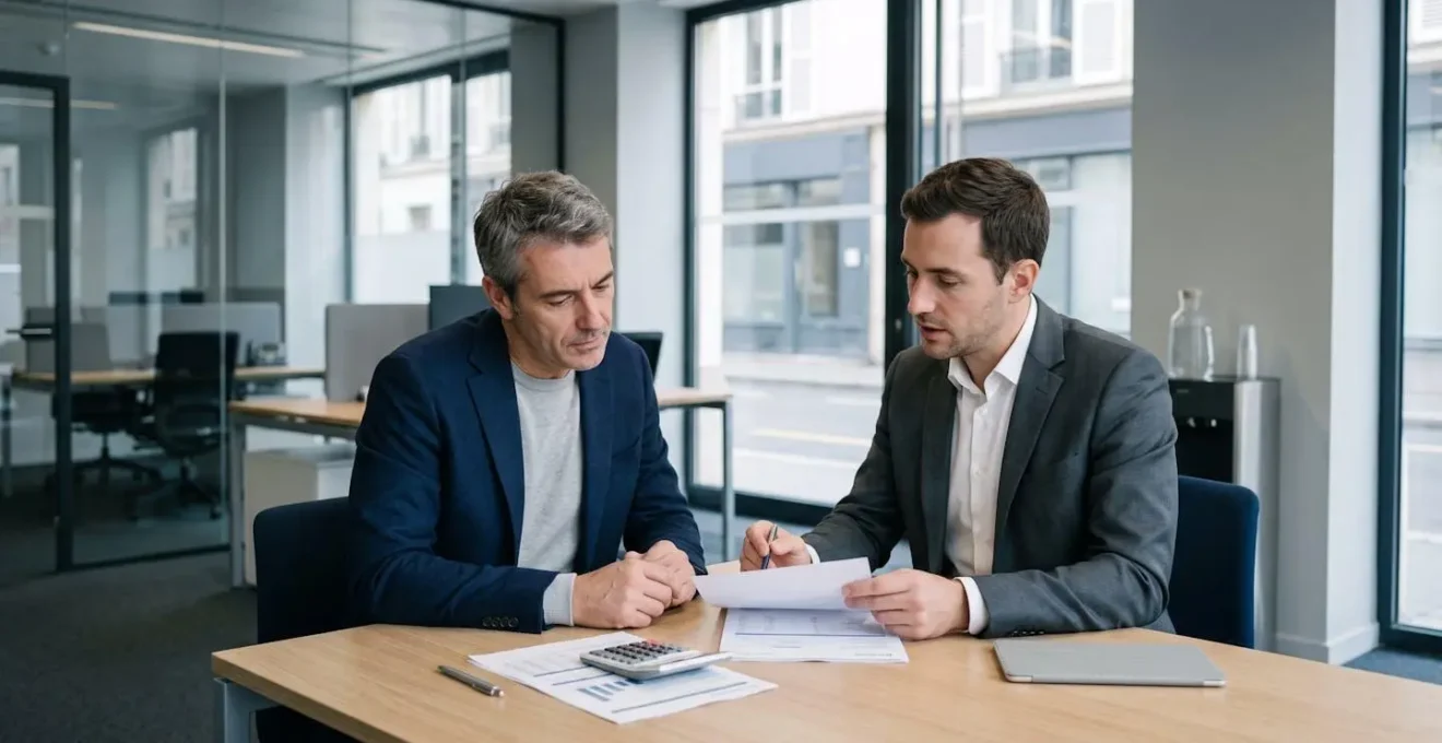 Conseiller bancaire et client analysant des documents d'épargne dans un bureau moderne