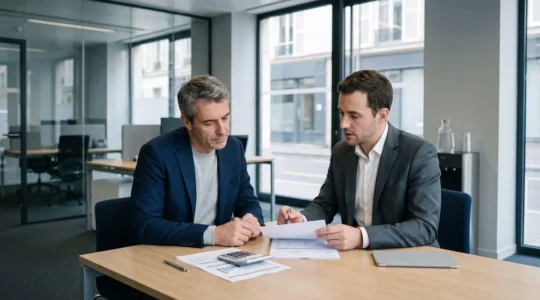 Conseiller bancaire et client analysant des documents d'épargne dans un bureau moderne