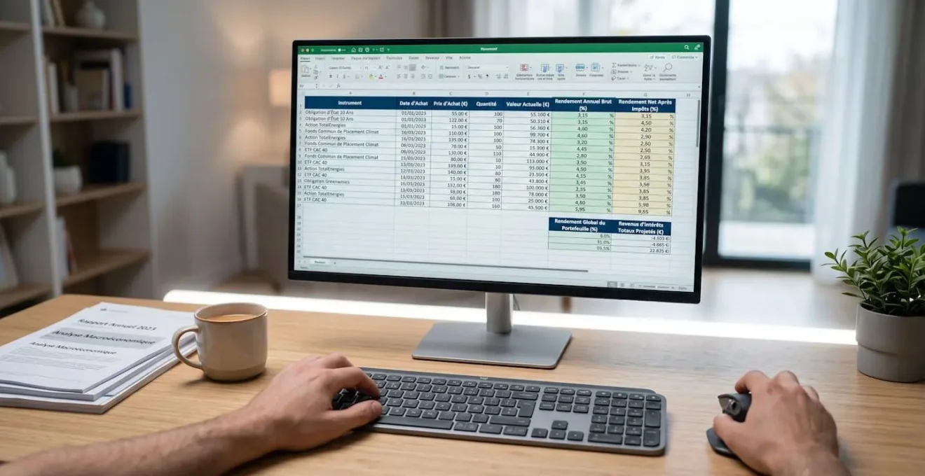 Écran d'ordinateur affichant un tableur avec calculs de rendement financier