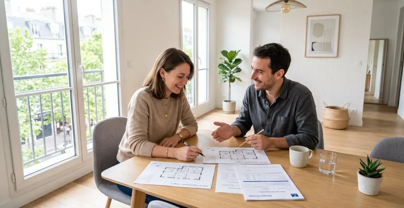 Jeune couple planifiant leur projet immobilier avec documents bancaires sur table