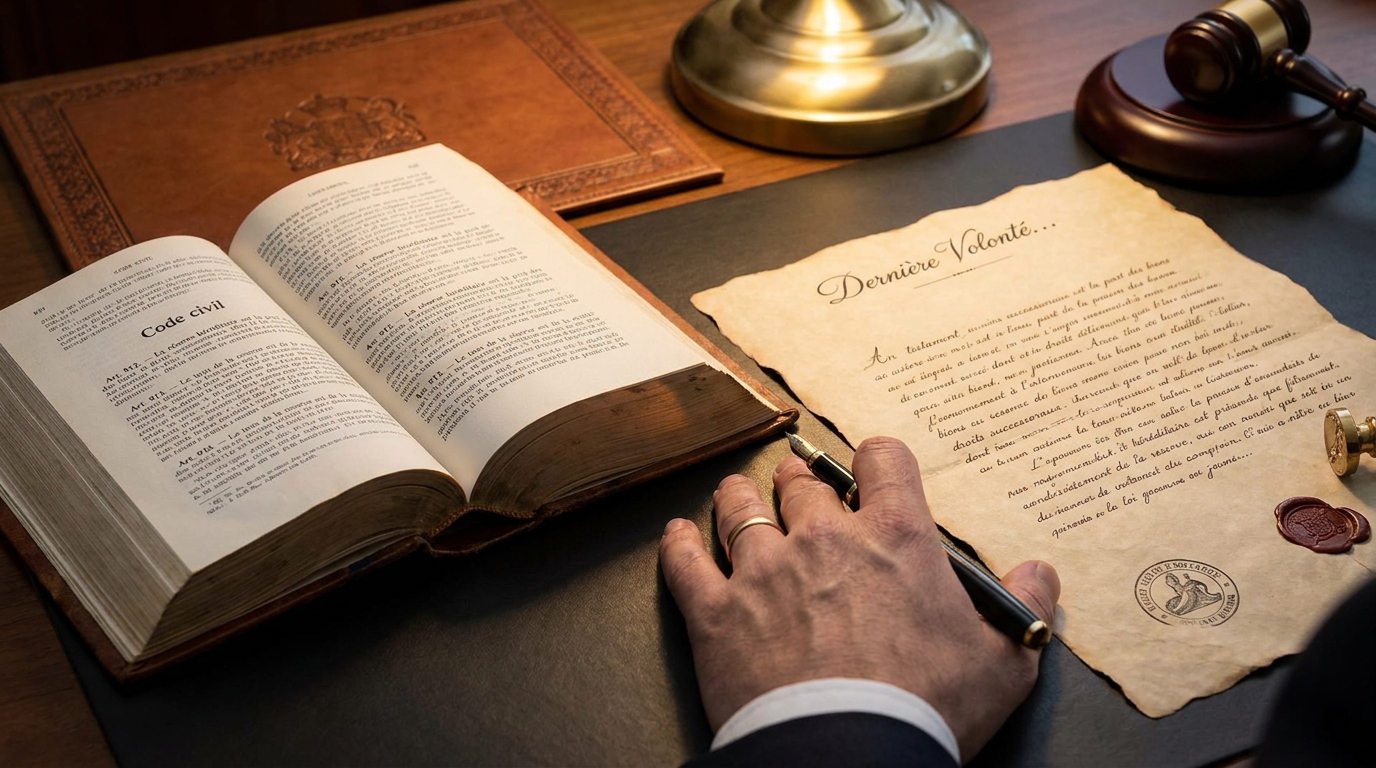 Gros plan sur un bureau juridique : une main repose près du Code civil français ouvert aux articles 912-913 sur la réserve héréditaire, à côté d'un testament manuscrit, dans un contexte de vérification professionnelle
