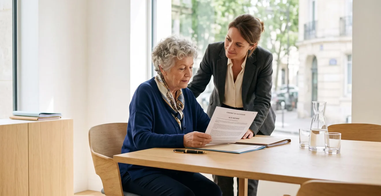 Dans un bureau notarial lumineux, une femme senior examine un document de legs complété accompagnée par un conseiller debout à ses côtés, dans une ambiance sereine et bienveillante avec lumière naturelle abondante