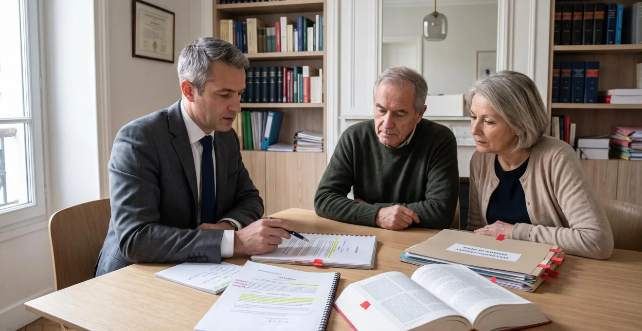 Consultation dans une étude notariale française : une conseillère et un couple senior examinent ensemble des documents juridiques contestés avec annotations visibles (Code civil, dossiers succession, marques rouges) sur une table en bois clair, dans un cadre professionnel rassurant avec lumière naturelle