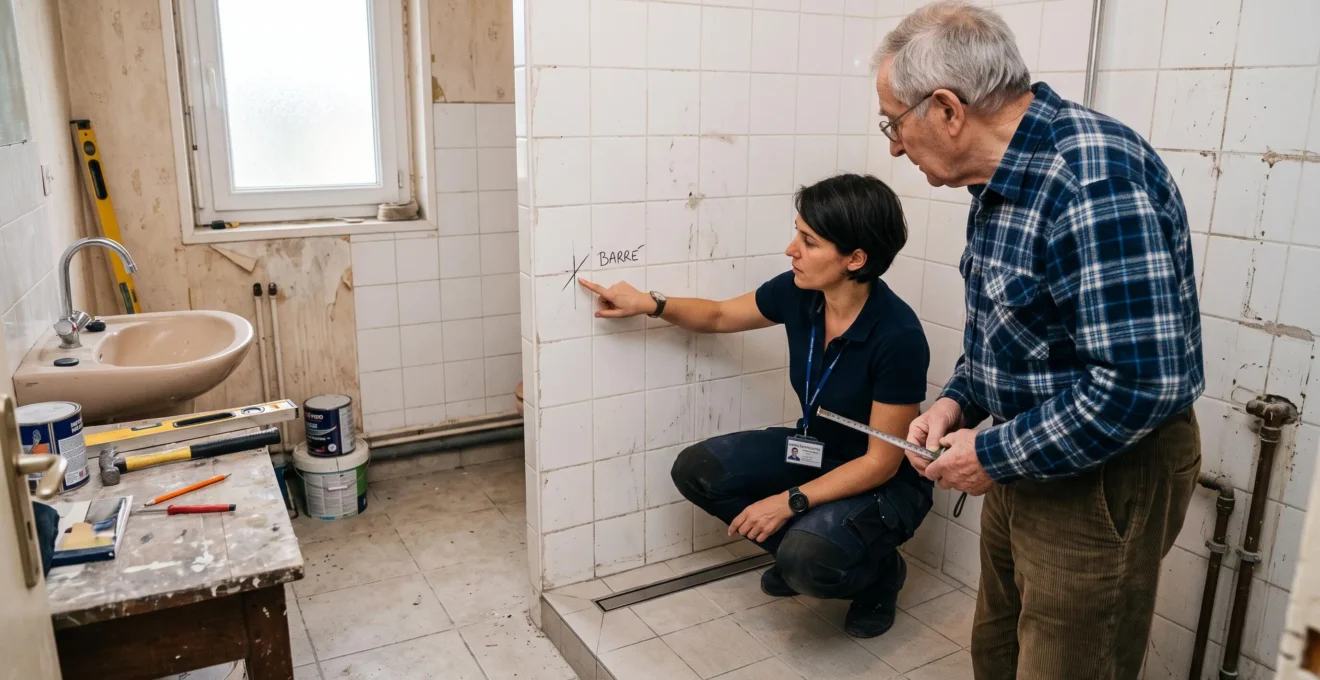 Une ergothérapeute désigne l'emplacement d'une future barre d'appui sur le carrelage d'une salle de bain en cours d'adaptation, aux côtés d'un senior.