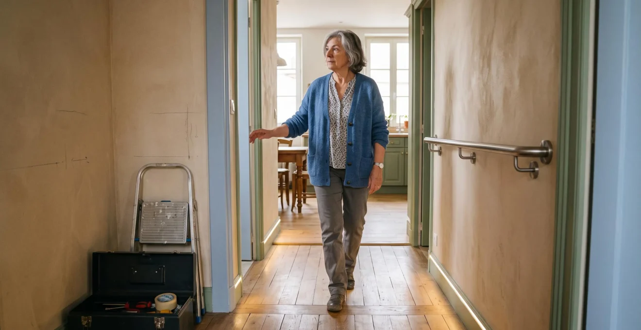 Une senior autonome se déplace dans le couloir lumineux de son logement équipé d'une barre d'appui murale, d'un éclairage LED et d'un plan incliné au sol.