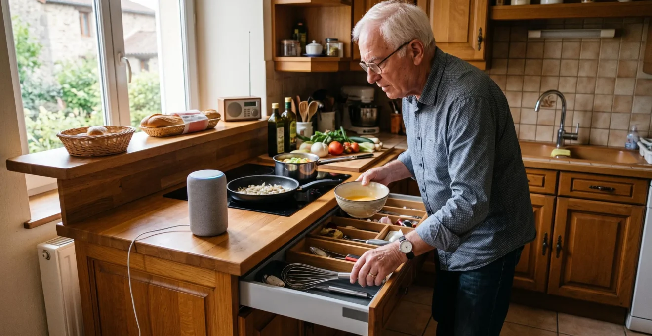 Un senior utilise un assistant vocal posé sur le plan de travail de sa cuisine adaptée, équipée de rangements accessibles et d'un éclairage LED sous les meubles.