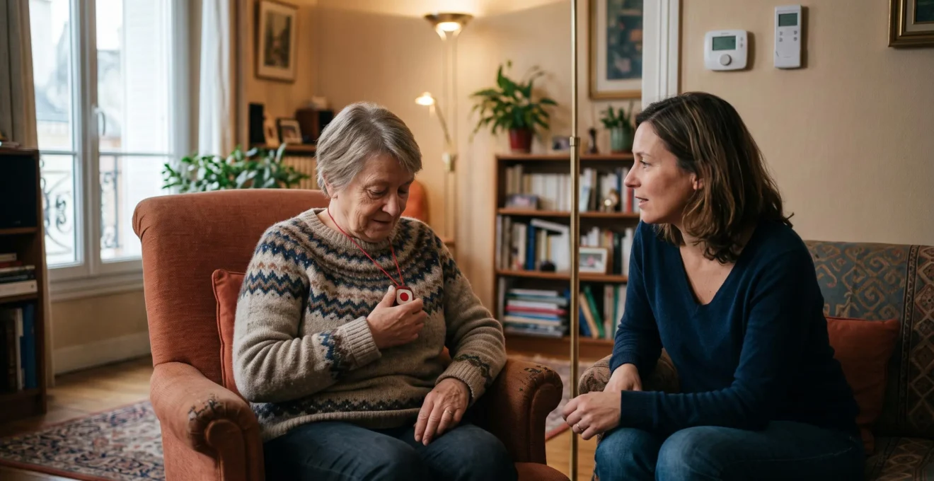 Une senior porte un médaillon de téléassistance et échange avec sa fille dans un salon chaleureux équipé d'un thermostat et de volets motorisés.
