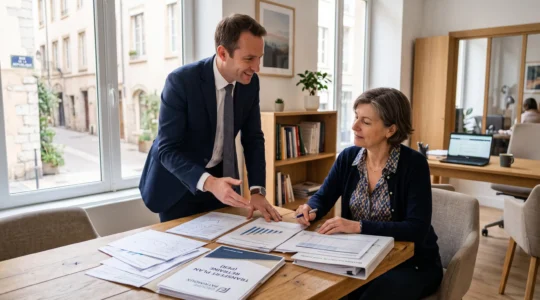 Un conseiller financier et une cliente examinent ensemble un dossier de transfert d'épargne retraite sur une table dans un bureau lumineux.